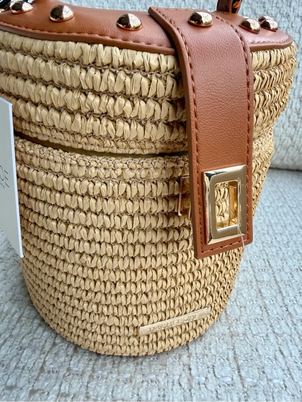 Rachel Zoe Woven Straw Cylinder Vanity Bucket Bag Crossbody Top Handle Studded - Picture 6 of 10